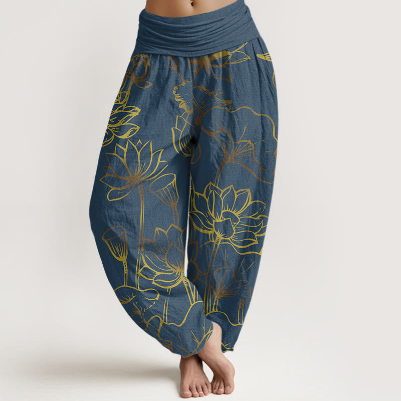 Pantalones harén de algodón con cintura elástica para mujer, estampado de Buddha Stones, flores de loto y hojas - Azul acero - US22，UK/AU26，EU54 (6XL) - image 0