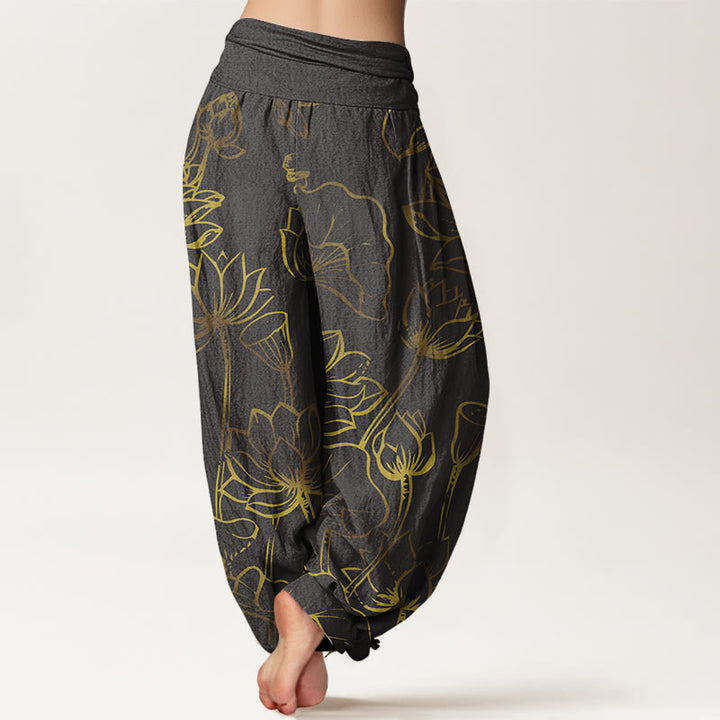 Pantalones harén de algodón con cintura elástica para mujer, estampado de Buddha Stones, flores de loto y hojas - image 10