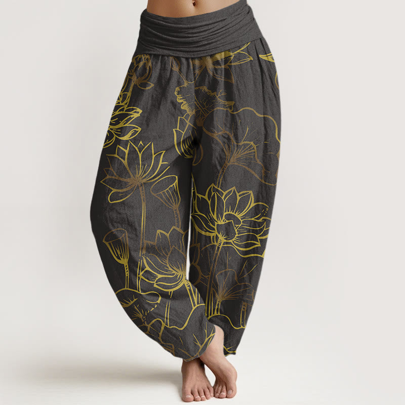 Pantalones harén de algodón con cintura elástica para mujer, estampado de Buddha Stones, flores de loto y hojas - Gris pizarra - US22，UK/AU26，EU54 (6XL) - image 8