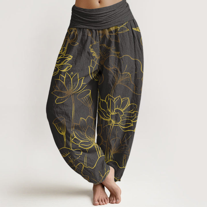 Pantalones harén de algodón con cintura elástica para mujer, estampado de Buddha Stones, flores de loto y hojas - Gris pizarra - US22，UK/AU26，EU54 (6XL) - image 8