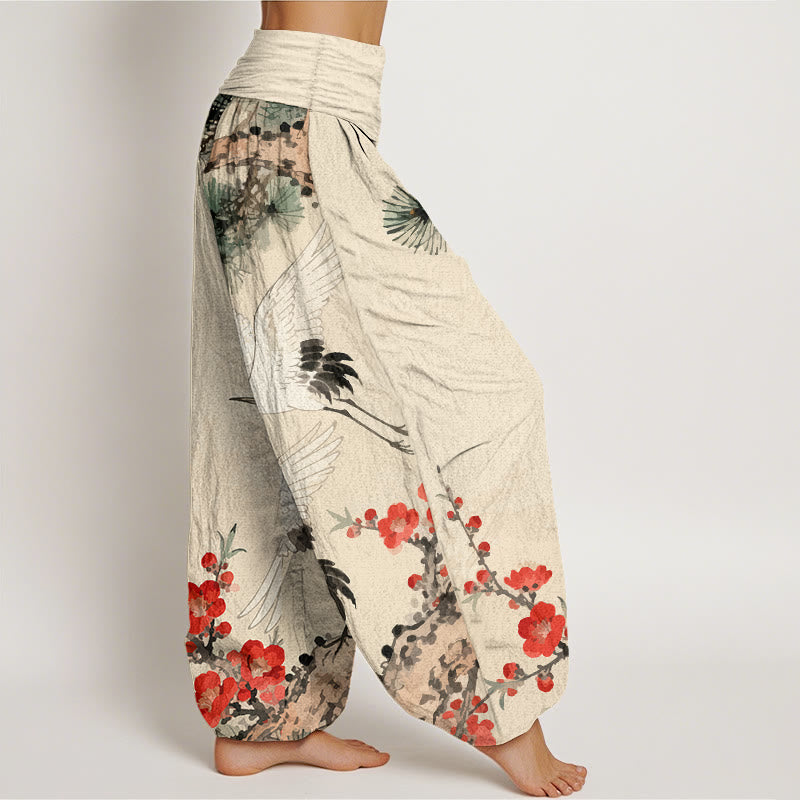 Pantalones harén de algodón con cintura elástica para mujer, estampado de Buddha Stones y flores de ciruelo - image 1
