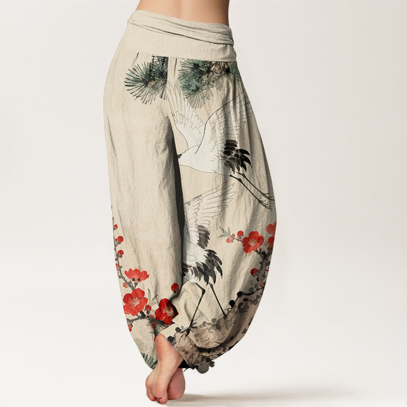 Pantalones harén de algodón con cintura elástica para mujer, estampado de Buddha Stones y flores de ciruelo - image 1