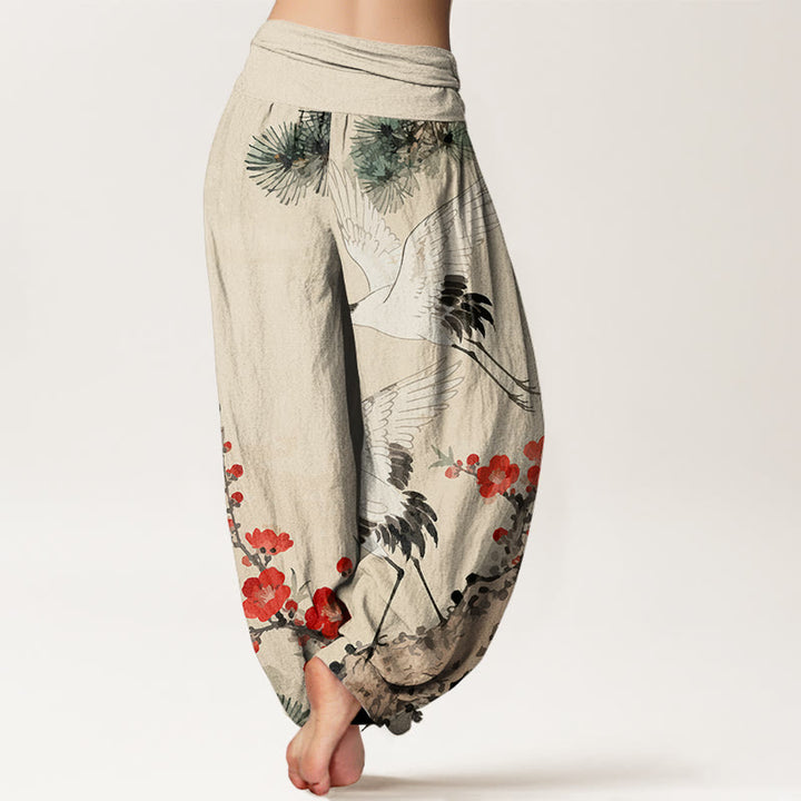 Pantalones harén de algodón con cintura elástica para mujer, estampado de Buddha Stones y flores de ciruelo - image 1