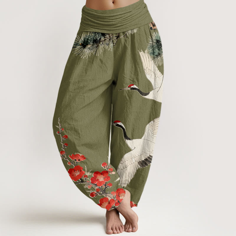Pantalones harén de algodón con cintura elástica para mujer, estampado de Buddha Stones y flores de ciruelo - Verde oliva - US22，UK/AU26，EU54 (6XL) - image 5