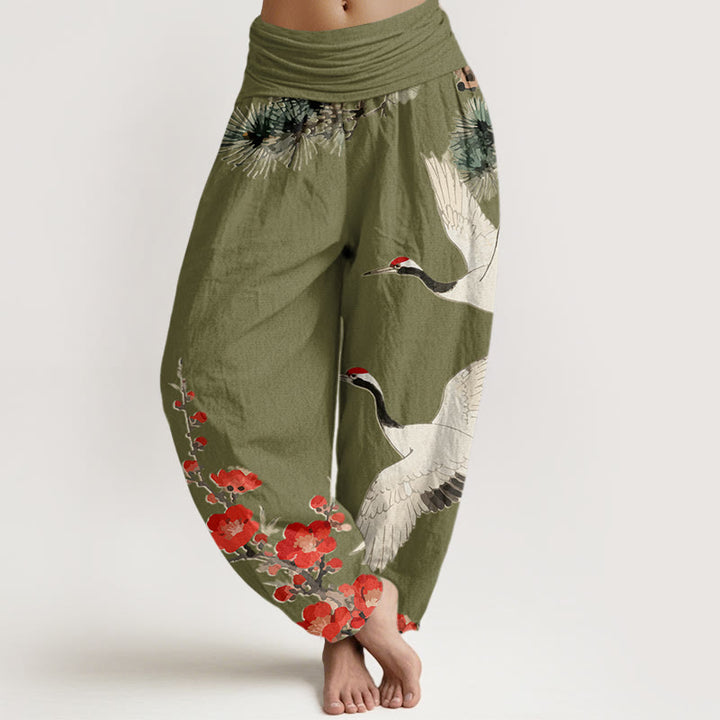 Pantalones harén de algodón con cintura elástica para mujer, estampado de Buddha Stones y flores de ciruelo - Verde oliva - US22，UK/AU26，EU54 (6XL) - image 5