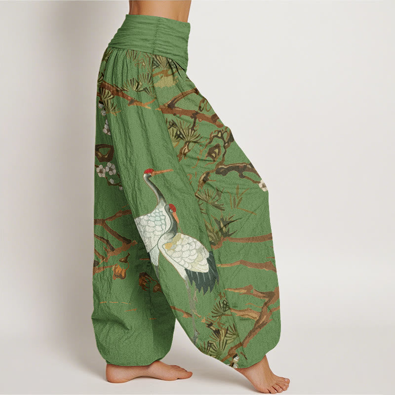 Pantalones harén de algodón con cintura elástica para mujer, estampado de Buddha Stones , flores de ciruelo, grullas y pinos - image 1