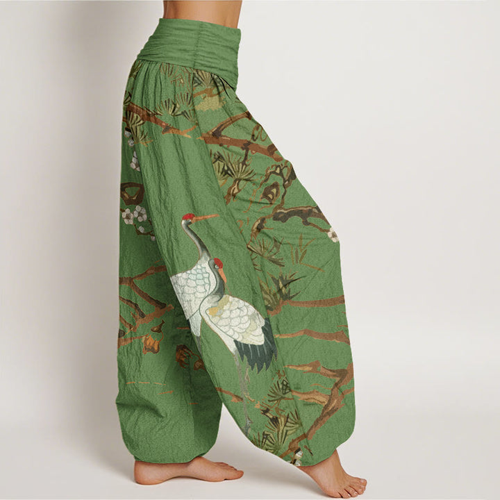 Pantalones harén de algodón con cintura elástica para mujer, estampado de Buddha Stones , flores de ciruelo, grullas y pinos - image 1
