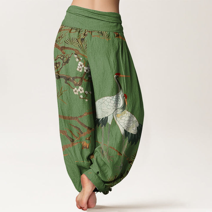 Pantalones harén de algodón con cintura elástica para mujer, estampado de Buddha Stones , flores de ciruelo, grullas y pinos - image 2