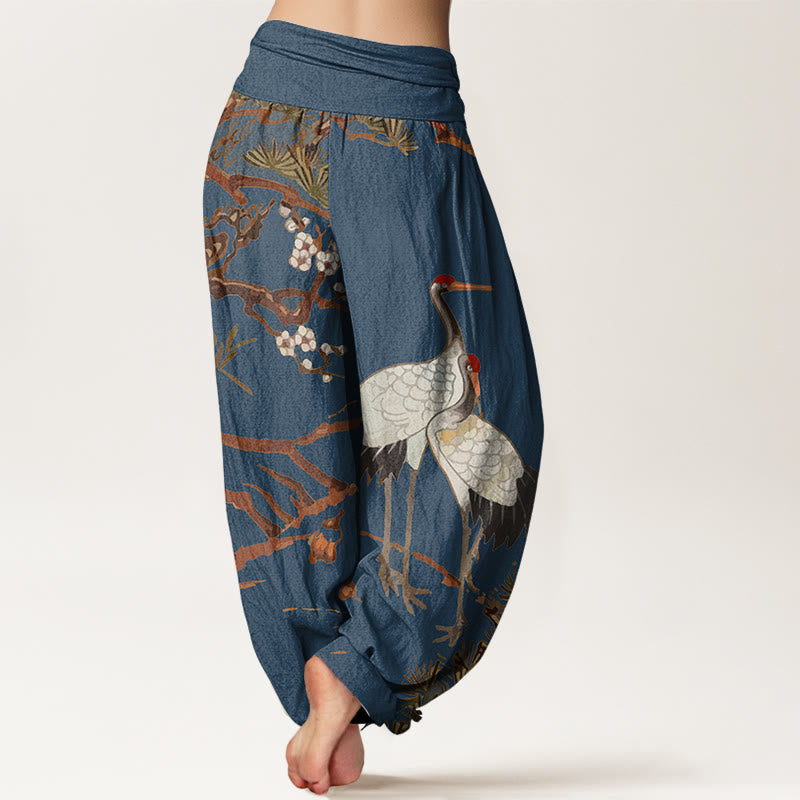 Pantalones harén de algodón con cintura elástica para mujer, estampado de Buddha Stones , flores de ciruelo, grullas y pinos - image 7