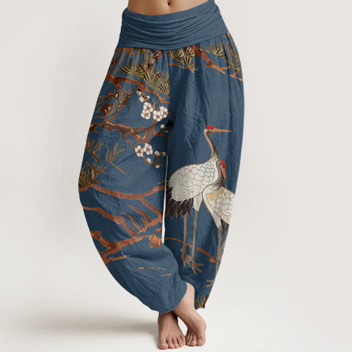Pantalones harén de algodón con cintura elástica para mujer, estampado de Buddha Stones , flores de ciruelo, grullas y pinos - Azul acero - US22，UK/AU26，EU54 (6XL) - image 5
