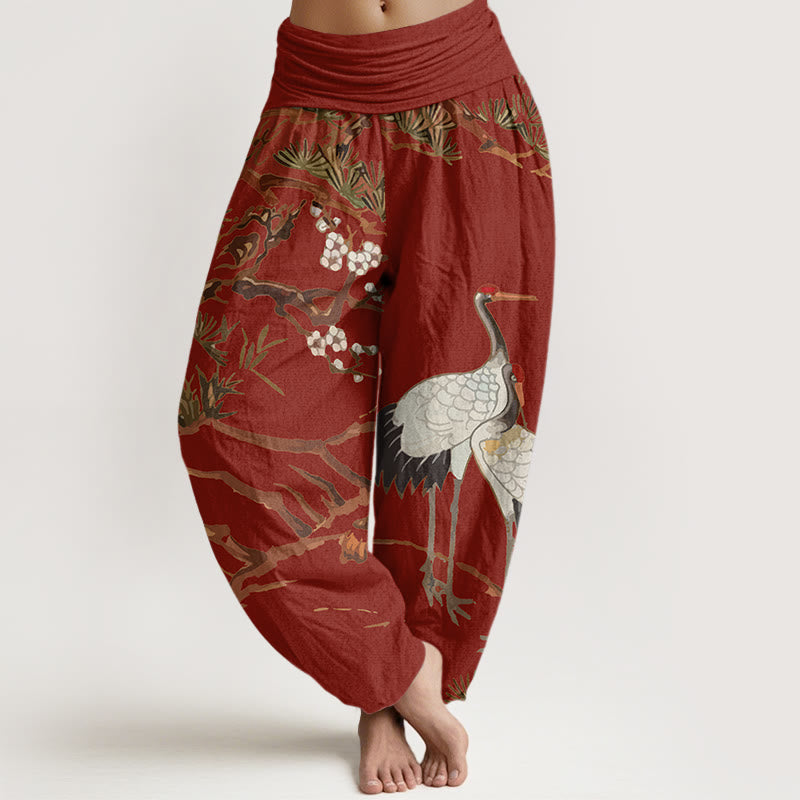 Pantalones harén de algodón con cintura elástica para mujer, estampado de Buddha Stones , flores de ciruelo, grullas y pinos - Ladrillo refractario - US22，UK/AU26，EU54 (6XL) - image 8