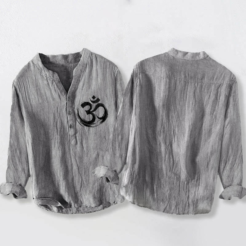 Camisa de manga larga de lino y algodón para hombre con estampado de Buddha Stones y símbolo Om, con botones y medio cuello - image 2