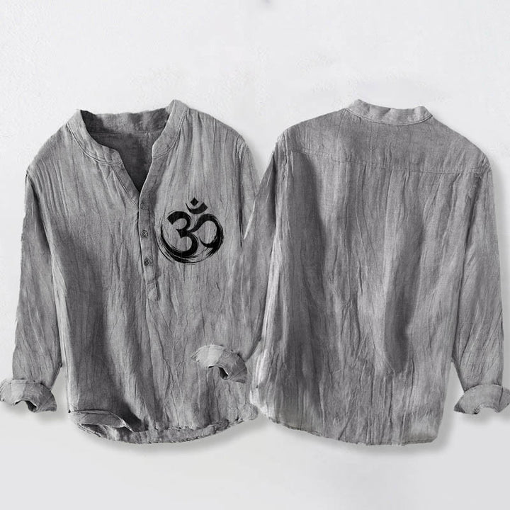 Camisa de manga larga de lino y algodón para hombre con estampado de Buddha Stones y símbolo Om, con botones y medio cuello - image 2