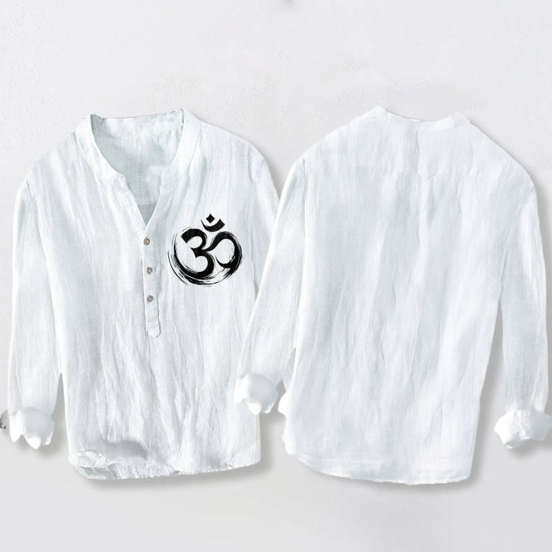 Camisa de manga larga de lino y algodón para hombre con estampado de Buddha Stones y símbolo Om, con botones y medio cuello - image 8