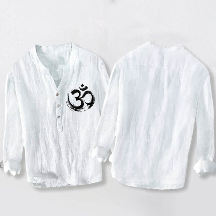 Camisa de manga larga de lino y algodón para hombre con estampado de Buddha Stones y símbolo Om, con botones y medio cuello - image 8