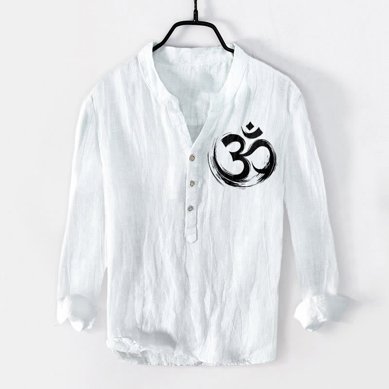 Camisa de manga larga de lino y algodón para hombre con estampado de Buddha Stones y símbolo Om, con botones y medio cuello - Blanco - US/UK/AU50, UE60 (5XL) - image 6