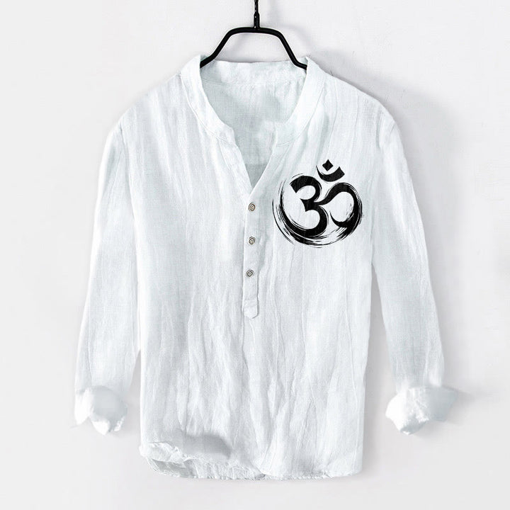 Camisa de manga larga de lino y algodón para hombre con estampado de Buddha Stones y símbolo Om, con botones y medio cuello - Blanco - US/UK/AU50, UE60 (5XL) - image 6