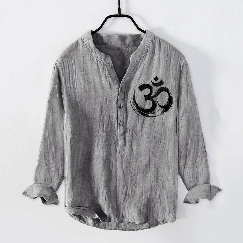 Camisa de manga larga de lino y algodón para hombre con estampado de Buddha Stones y símbolo Om, con botones y medio cuello - Gris - US/UK/AU50, EU60 (5XL) - image 0