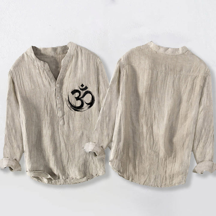 Camisa de manga larga de lino y algodón para hombre con estampado de Buddha Stones y símbolo Om, con botones y medio cuello - image 5