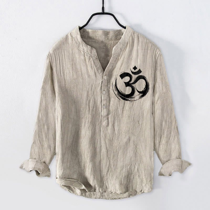 Camisa de manga larga de lino y algodón para hombre con estampado de Buddha Stones y símbolo Om, con botones y medio cuello - Lino - US/UK/AU50, UE60 (5XL) - image 3