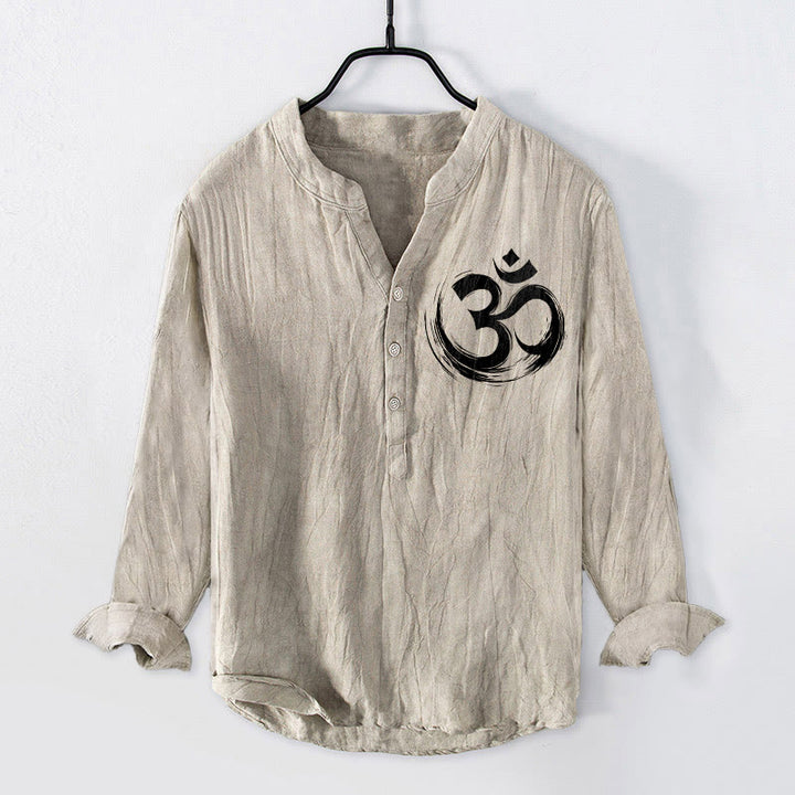 Camisa de manga larga de lino y algodón para hombre con estampado de Buddha Stones y símbolo Om, con botones y medio cuello - Lino - US/UK/AU50, UE60 (5XL) - image 3