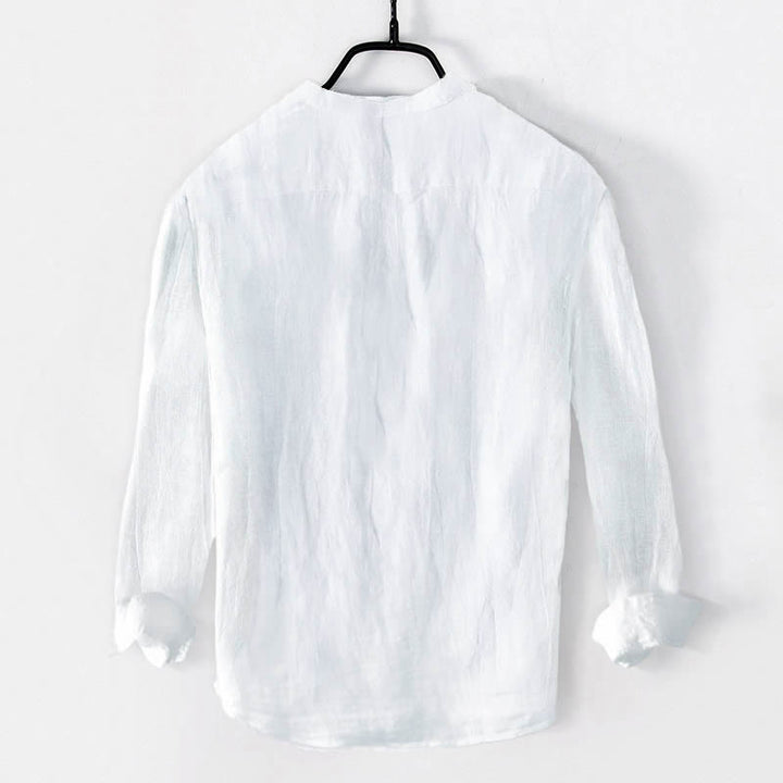 Camisa de manga larga de lino y algodón para hombre con estampado de piedras Buddha Stones y medio botón. - image 7