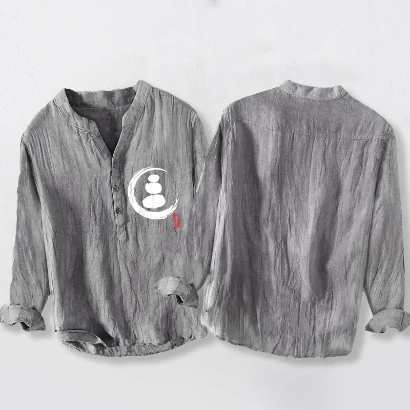 Camisa de manga larga de lino y algodón para hombre con estampado de piedras Buddha Stones y medio botón. - image 2