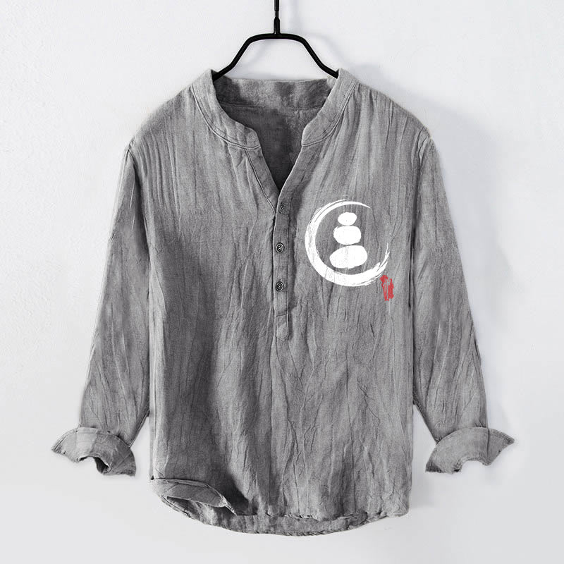 Camisa de manga larga de lino y algodón para hombre con estampado de piedras Buddha Stones y medio botón. - Gris - US/UK/AU50, EU60 (5XL) - image 0