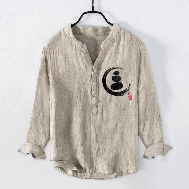 Camisa de manga larga de lino y algodón para hombre con estampado de piedras Buddha Stones y medio botón. - Lino - US/UK/AU50, UE60 (5XL) - image 3