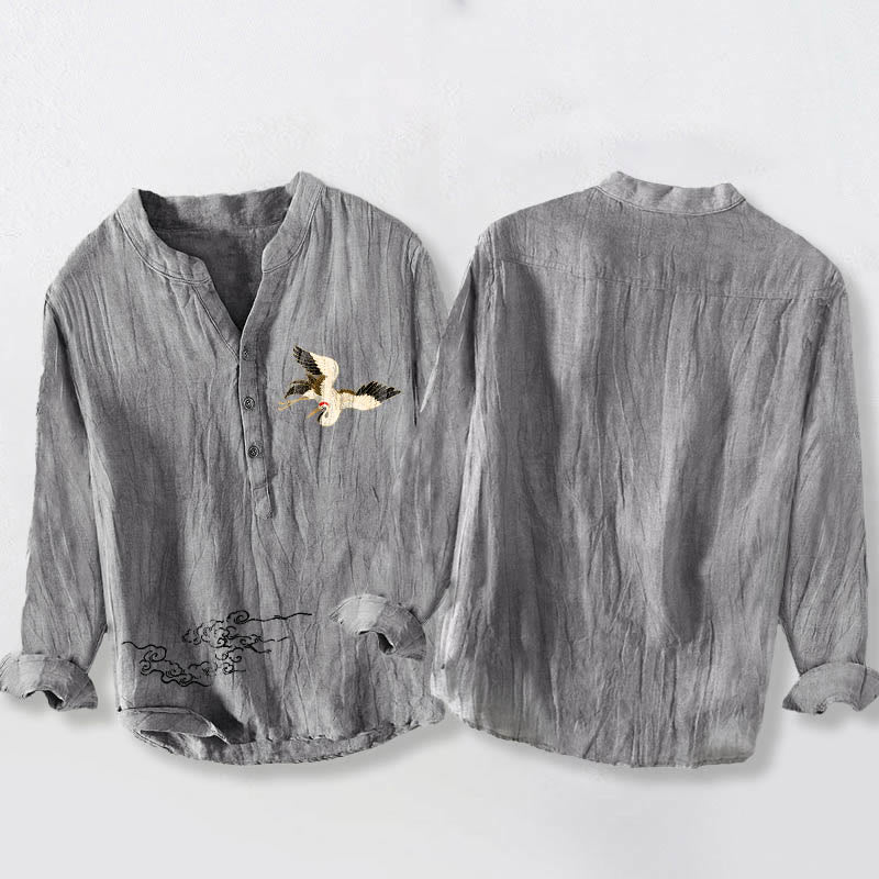 Camisa de manga larga de lino y algodón para hombre con diseño de Buddha Stones y nubes auspiciosas y medio botón. - image 2