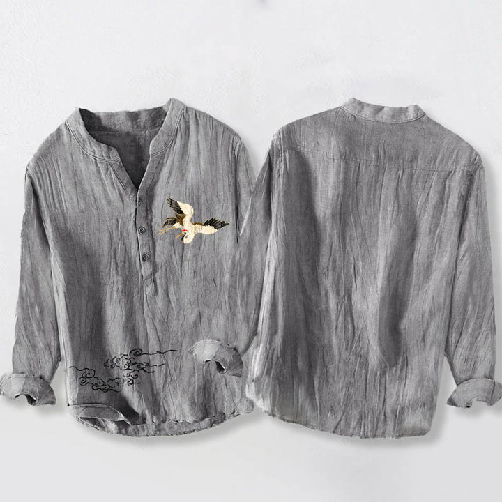 Camisa de manga larga de lino y algodón para hombre con diseño de Buddha Stones y nubes auspiciosas y medio botón. - image 2