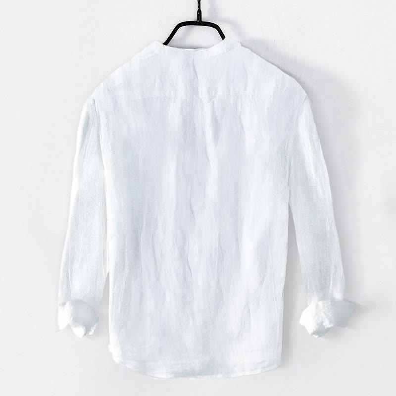Camisa de manga larga de lino y algodón para hombre con diseño de Buddha Stones y nubes auspiciosas y medio botón. - image 7