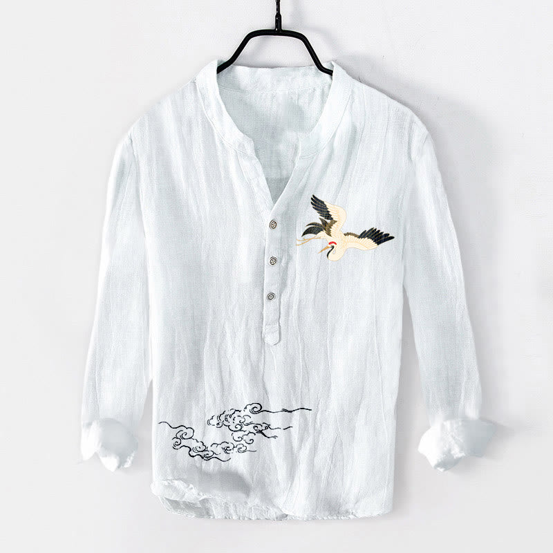 Camisa de manga larga de lino y algodón para hombre con diseño de Buddha Stones y nubes auspiciosas y medio botón. - Blanco - US/UK/AU50, UE60 (5XL) - image 6