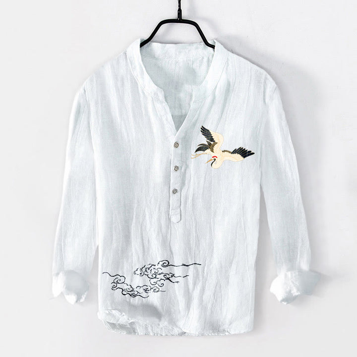 Camisa de manga larga de lino y algodón para hombre con diseño de Buddha Stones y nubes auspiciosas y medio botón. - Blanco - US/UK/AU50, UE60 (5XL) - image 6