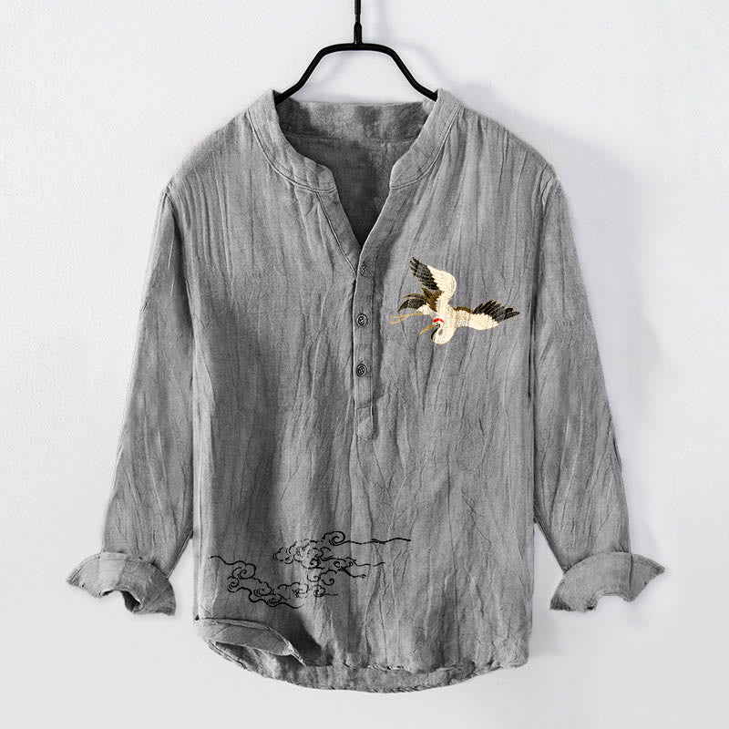 Camisa de manga larga de lino y algodón para hombre con diseño de Buddha Stones y nubes auspiciosas y medio botón. - Gris - US/UK/AU50, UE60 (5XL) - image 0