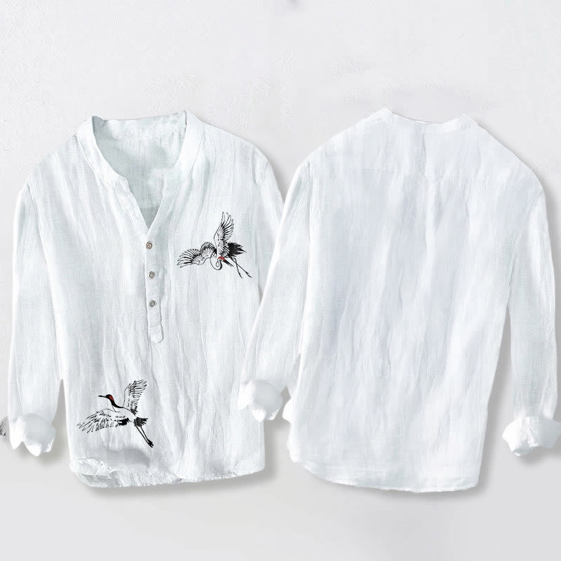 Camisa de manga larga de lino y algodón para hombre con estampado de grulla de corona roja y Buddha Stones , con botones a la izquierda - image 2