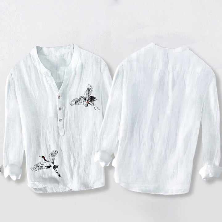 Camisa de manga larga de lino y algodón para hombre con estampado de grulla de corona roja y Buddha Stones , con botones a la izquierda - image 2