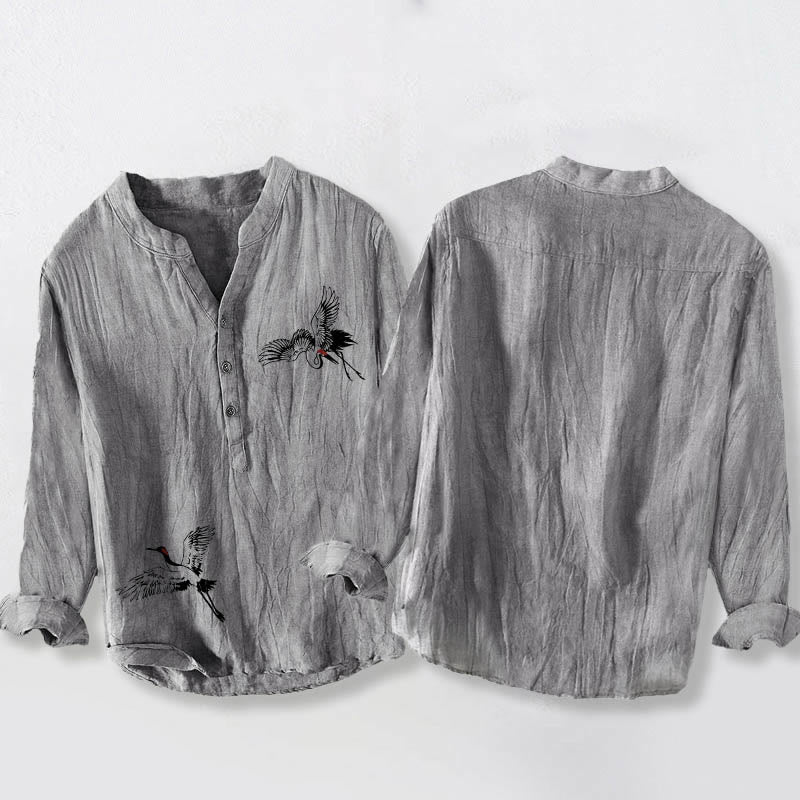 Camisa de manga larga de lino y algodón para hombre con estampado de grulla de corona roja y Buddha Stones , con botones a la izquierda - image 5