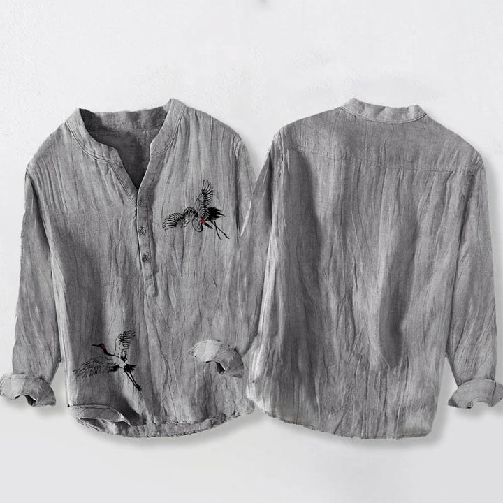 Camisa de manga larga de lino y algodón para hombre con estampado de grulla de corona roja y Buddha Stones , con botones a la izquierda - image 5