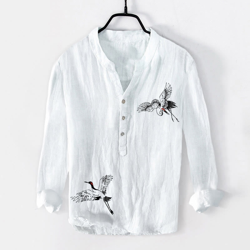 Camisa de manga larga de lino y algodón para hombre con estampado de grulla de corona roja y Buddha Stones , con botones a la izquierda - Blanco - US/UK/AU50, UE60 (5XL) - image 0