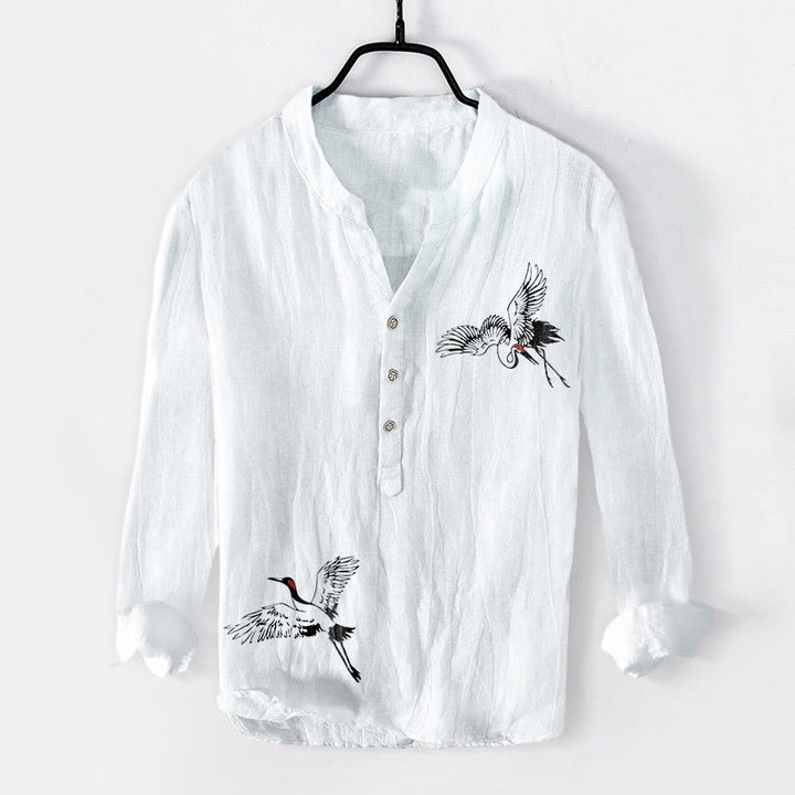 Camisa de manga larga de lino y algodón para hombre con estampado de grulla de corona roja y Buddha Stones , con botones a la izquierda - Blanco - US/UK/AU50, UE60 (5XL) - image 0