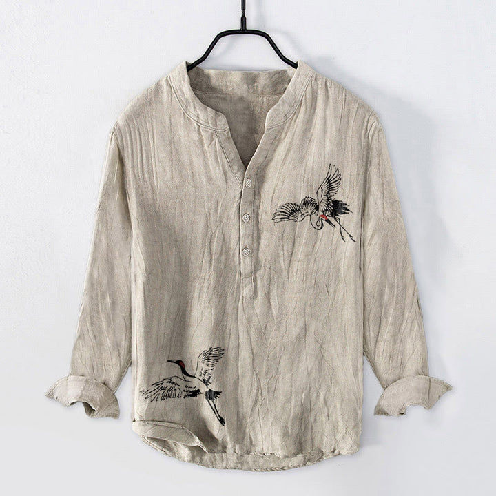 Camisa de manga larga de lino y algodón para hombre con estampado de grulla de corona roja y Buddha Stones , con botones a la izquierda - Lino - US/UK/AU50, UE60 (5XL) - image 6