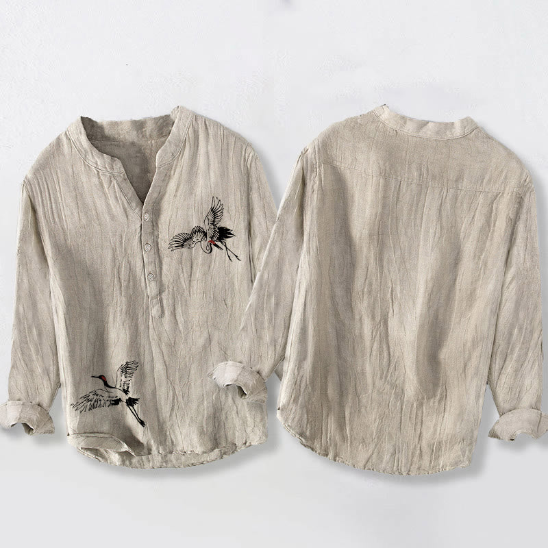 Camisa de manga larga de lino y algodón para hombre con estampado de grulla de corona roja y Buddha Stones , con botones a la izquierda - image 8