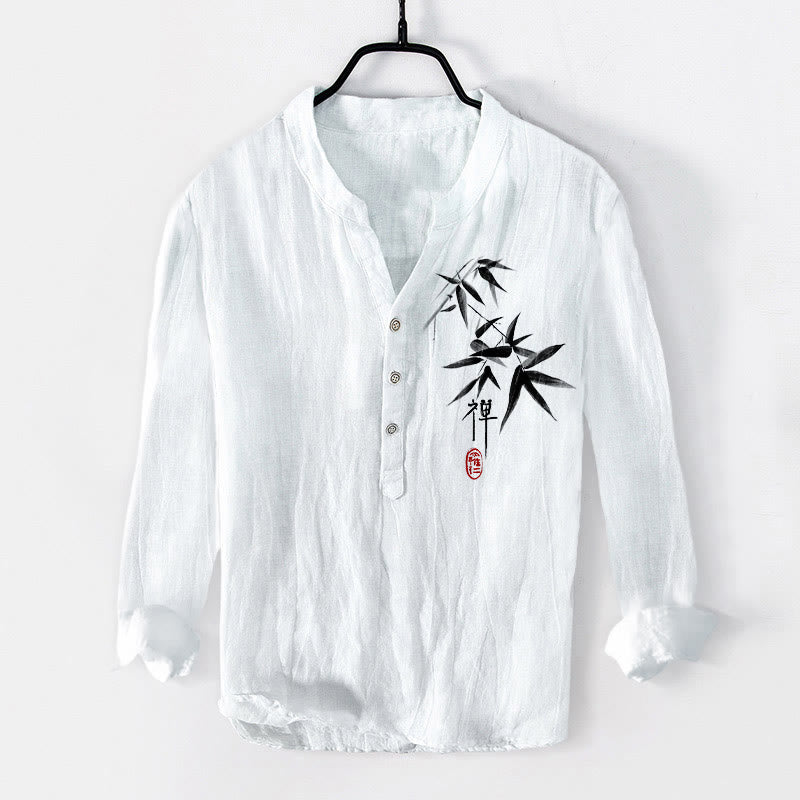Camisa de manga larga de lino y algodón para hombre con estampado de Buddha Stones, bambú y personajes zen, con botones y medio cuerpo. - Blanco - US/UK/AU50, UE60 (5XL) - image 6