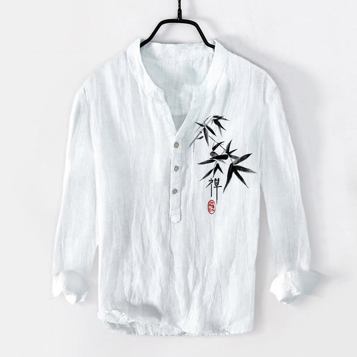 Camisa de manga larga de lino y algodón para hombre con estampado de Buddha Stones, bambú y personajes zen, con botones y medio cuerpo. - Blanco - US/UK/AU50, UE60 (5XL) - image 6
