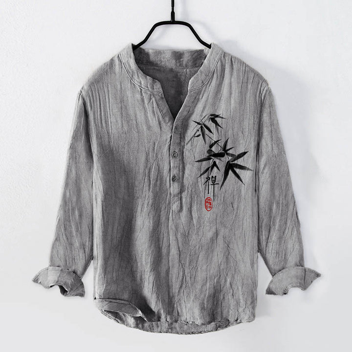 Camisa de manga larga de lino y algodón para hombre con estampado de Buddha Stones, bambú y personajes zen, con botones y medio cuerpo. - Gris - US/UK/AU50, EU60 (5XL) - image 3