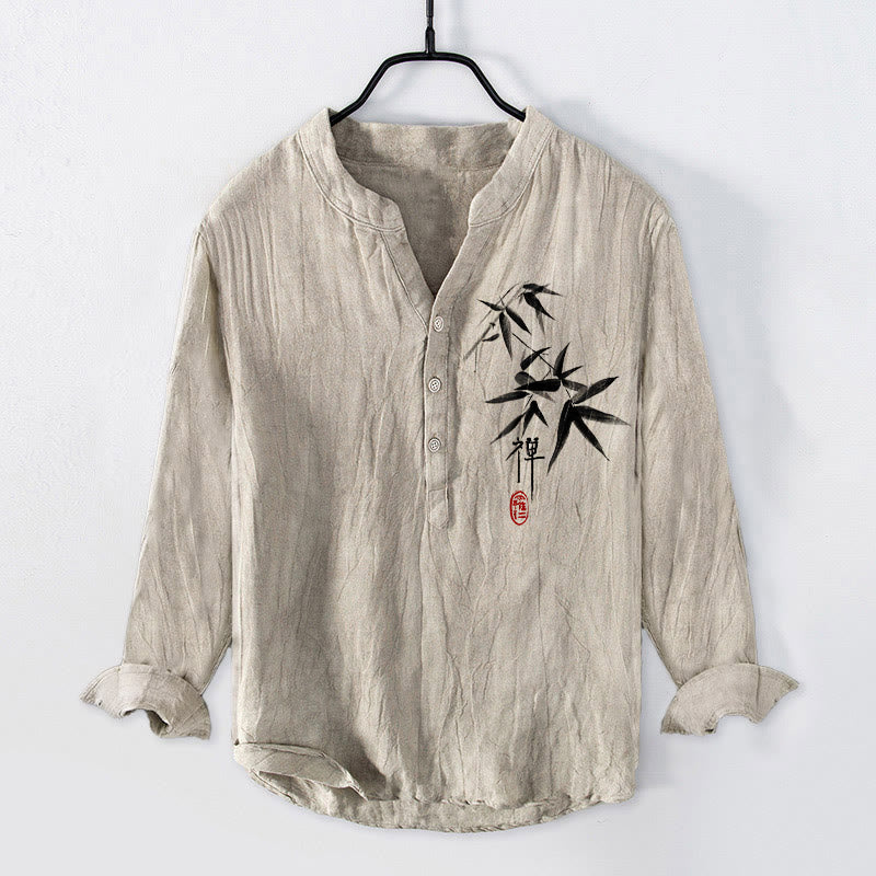Camisa de manga larga de lino y algodón para hombre con estampado de Buddha Stones, bambú y personajes zen, con botones y medio cuerpo. - Lino - US/UK/AU50, EU60 (5XL) - image 0