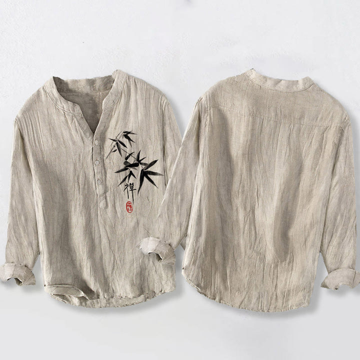 Camisa de manga larga de lino y algodón para hombre con estampado de Buddha Stones, bambú y personajes zen, con botones y medio cuerpo. - image 2