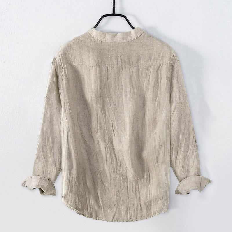 Camisa de manga larga de lino y algodón para hombre con estampado de Buddha Stones, bambú y personajes zen, con botones y medio cuerpo. - image 1
