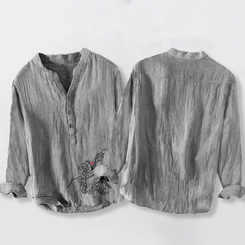Camisa de manga larga de lino y algodón para hombre con diseño de grulla de corona roja, nubes y Buddha Stones , con botones a la izquierda - image 5